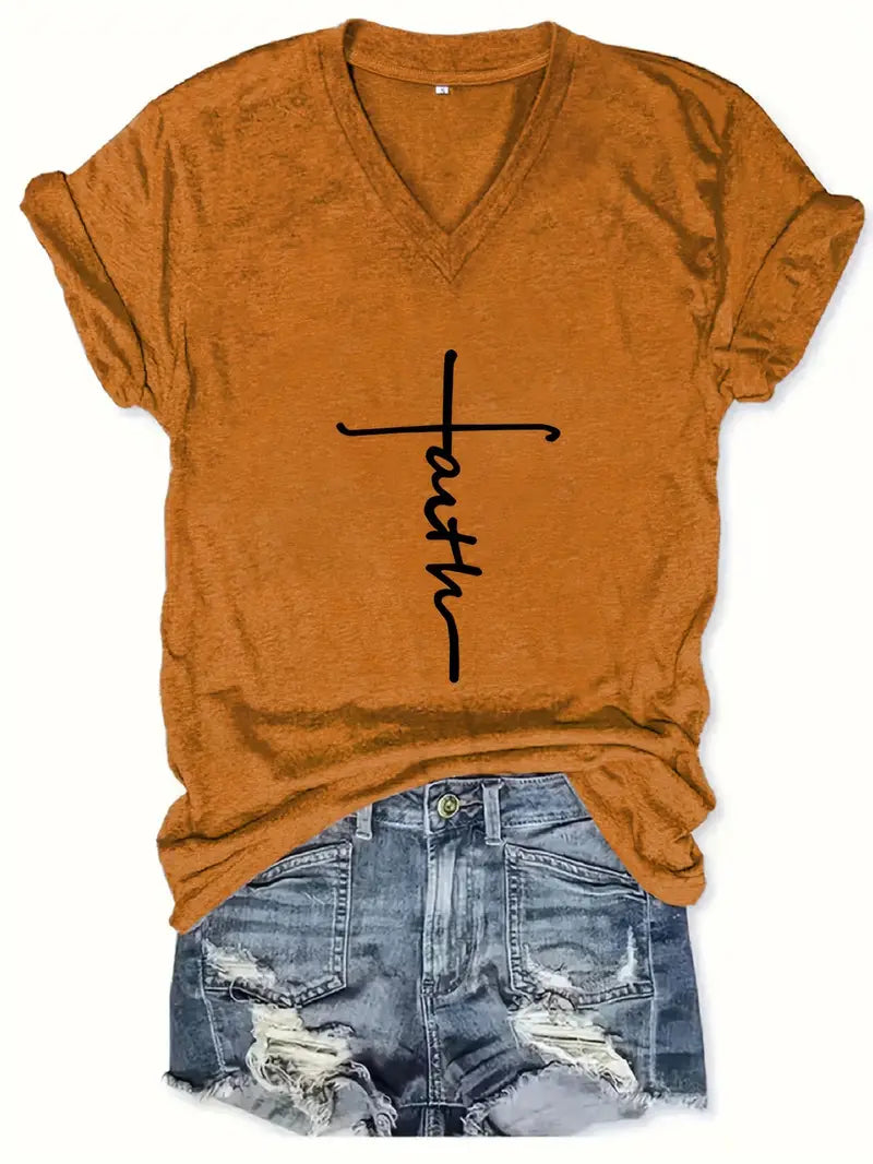 Faith Print V-Neck T-Shirt, Casual Every Day Short Sleeve T-Shirt