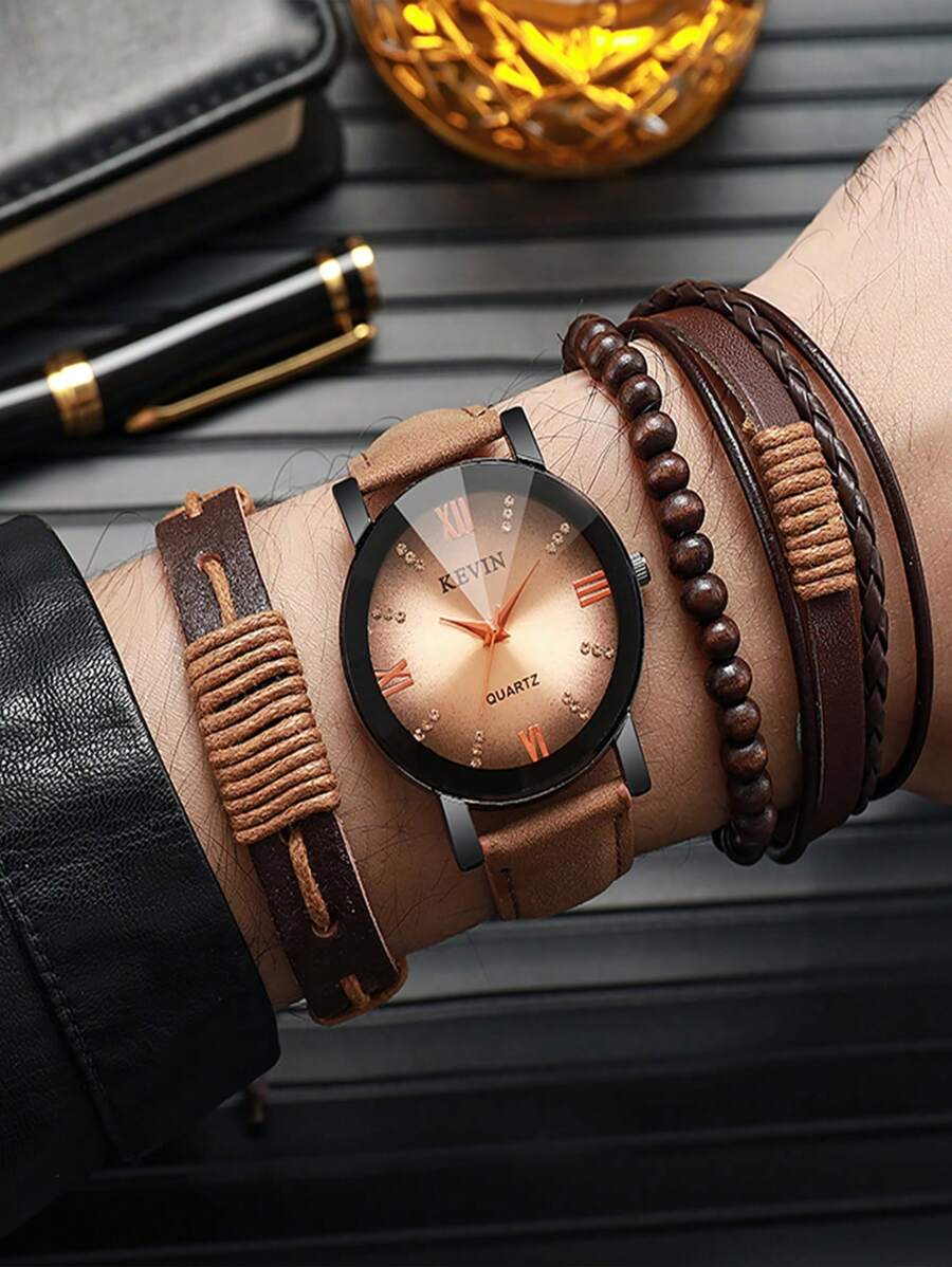 (New)  Men's Fashionable Business Leather Belt Quartz Watch & Braided Bracelet Set