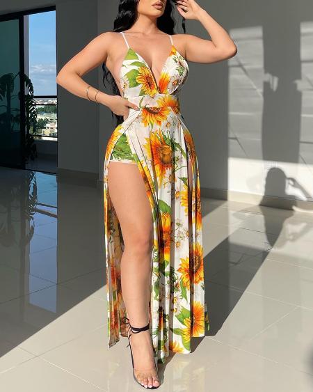 Women's Sunflower Print High Slit Cami Maxi Dress