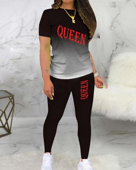 Women's Letter Print Ombre T-shirt & High Waist Pants Set