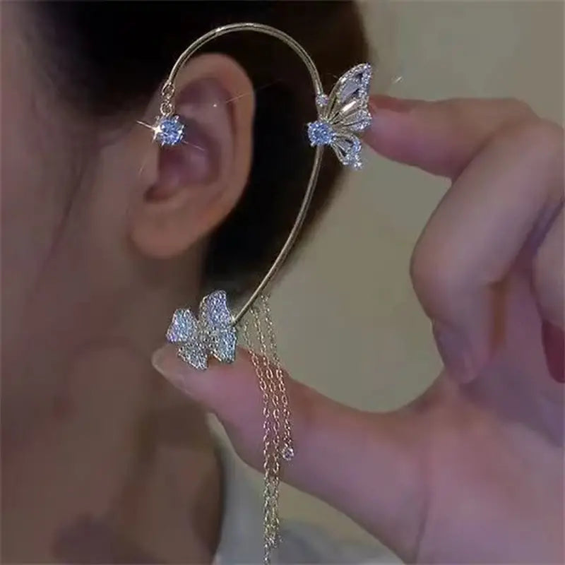 Women Butterfly Stud Earrings Fashion Chic Hollow Chain Set Ear Clip Jewelry