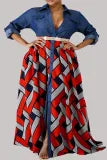 Women Red Sexy Casual Street Elegant Print Buttons Slit Turndown Collar Waist Skirt Dresses