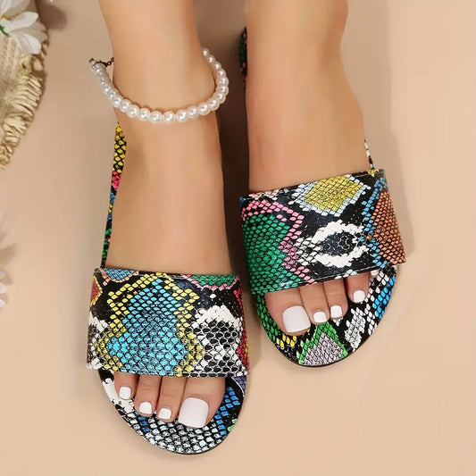 Women's Snakeskin Printed Flat Slides, Stylish Open Toe Slip On Shoes, Comfy Outdoor Slides