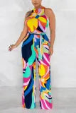 Womens Yellow Casual Daily Print with Belt O Neck Regular Jumpsuits