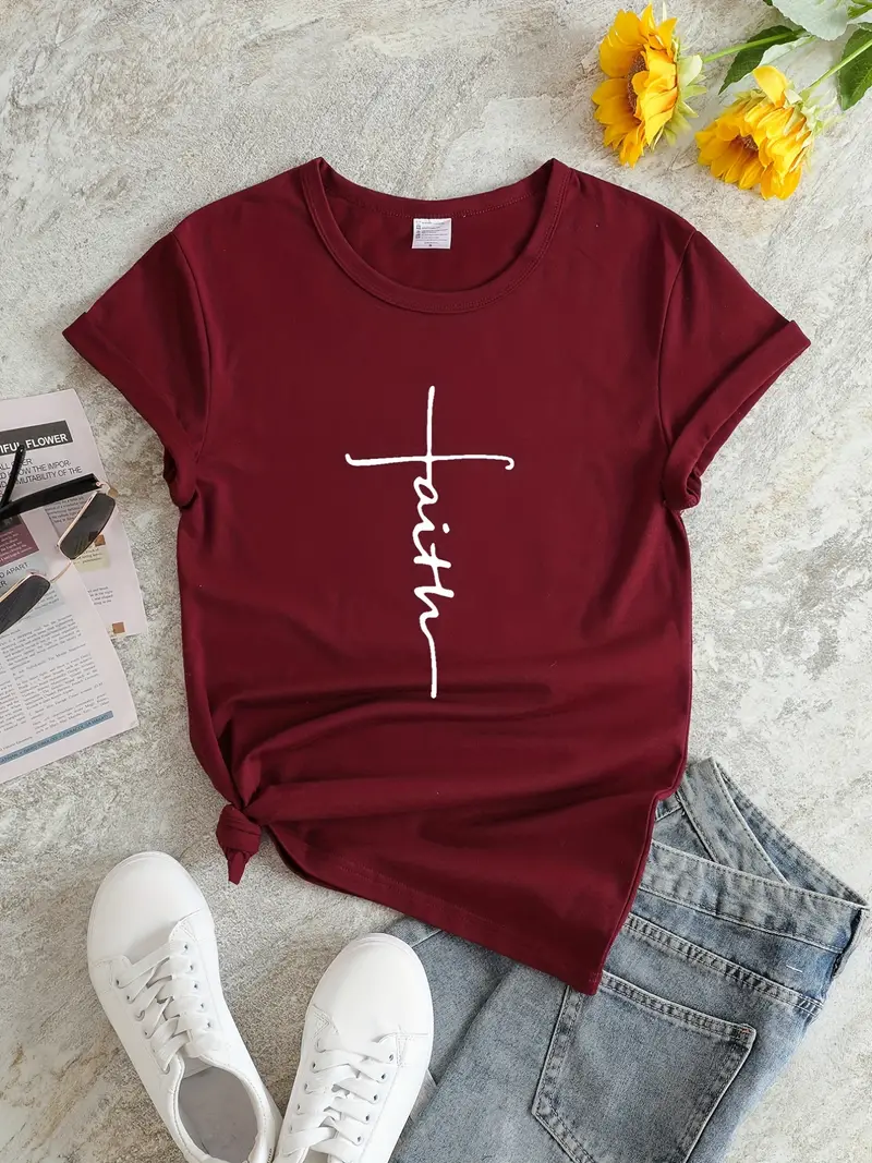 Faith Print V-Neck T-Shirt, Casual Every Day Short Sleeve T-Shirt