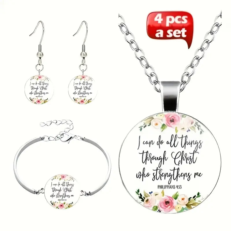 (New) Vintage 4pcs/set Letter Time Gem Necklace Bracelet & Earring Jewelry Set,