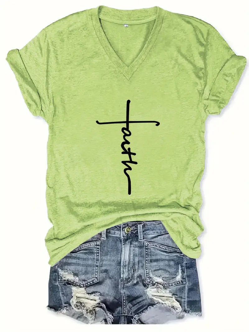 Faith Print V-Neck T-Shirt, Casual Every Day Short Sleeve T-Shirt