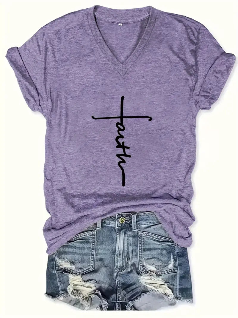 Faith Print V-Neck T-Shirt, Casual Every Day Short Sleeve T-Shirt