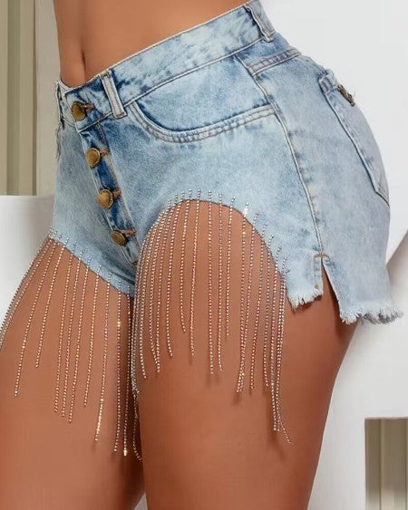 Women's Tassel Design Button Fly Raw Hem Denim Shorts