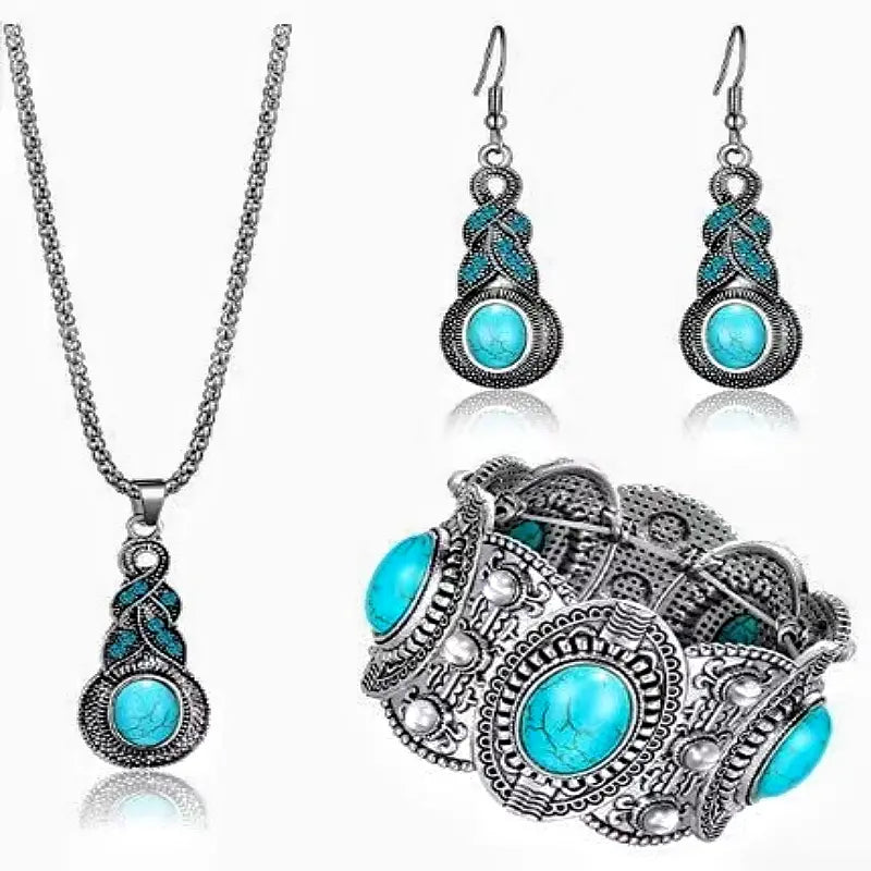 Vintage Turquoise Necklace Earrings Bracelet 3pcs/Set Fine Jewelry For Women