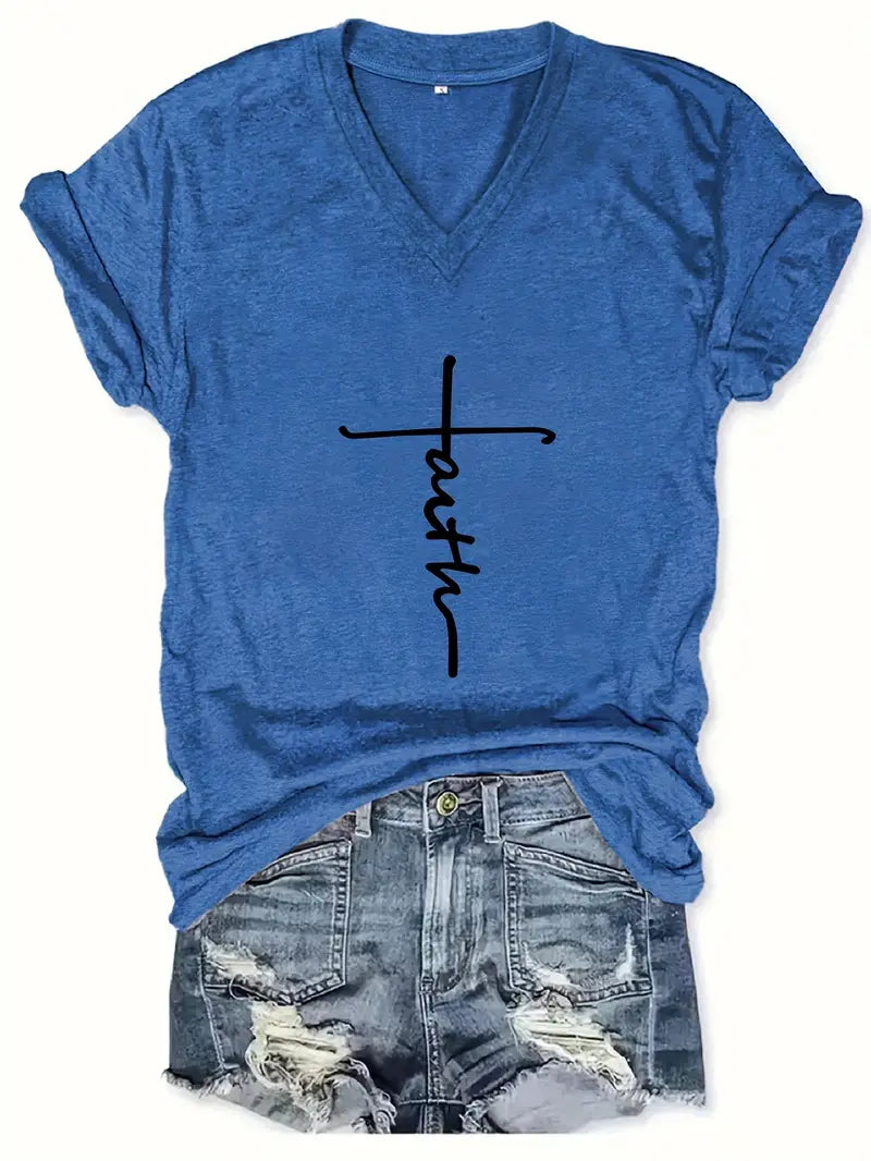 Faith Print V-Neck T-Shirt, Casual Every Day Short Sleeve T-Shirt