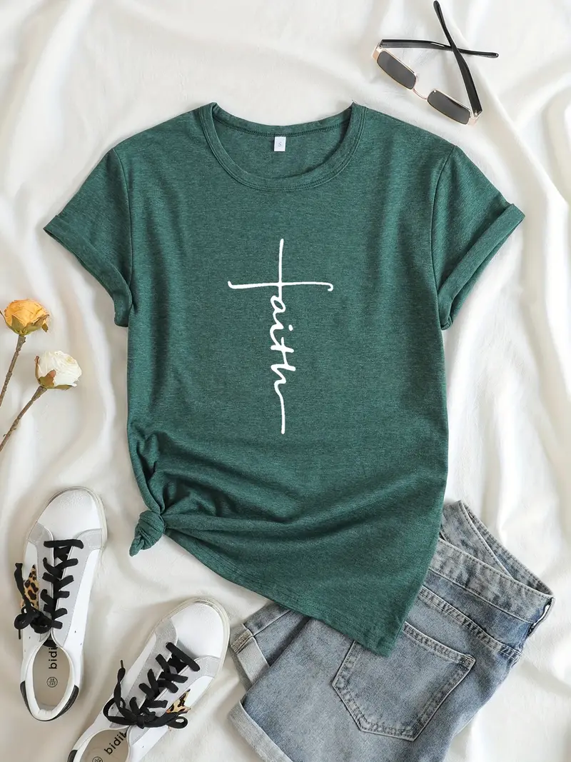 Faith Print V-Neck T-Shirt, Casual Every Day Short Sleeve T-Shirt