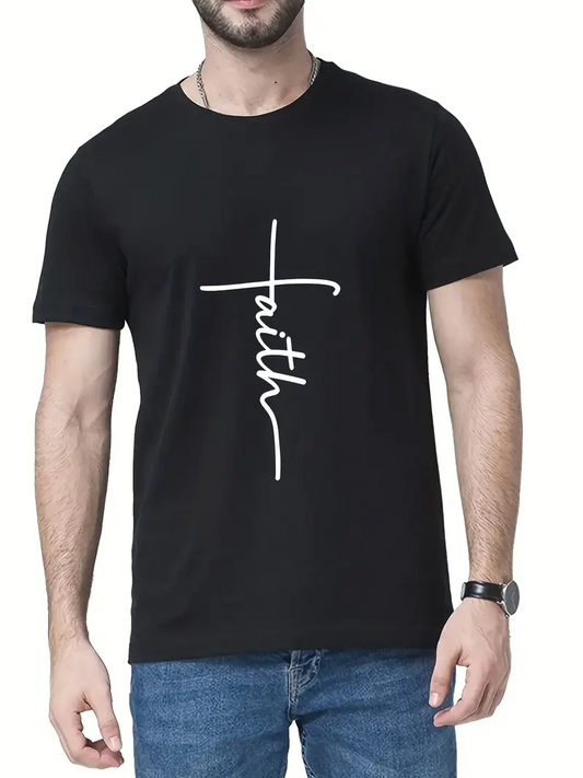 Men Faith Print V-Neck T-Shirt, Casual Every Day Short Sleeve T-Shirt