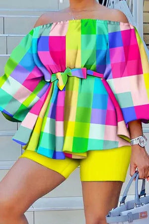 Color Casual Print Patchwork Off the Shoulder Long Sleeve Two Pieces