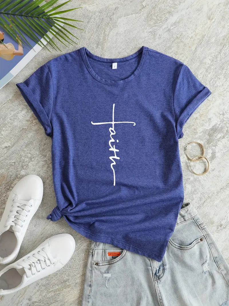 Faith Print V-Neck T-Shirt, Casual Every Day Short Sleeve T-Shirt