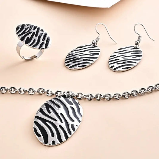 Lyiah Striped Earrings Necklace Open Ring Jewelry Set