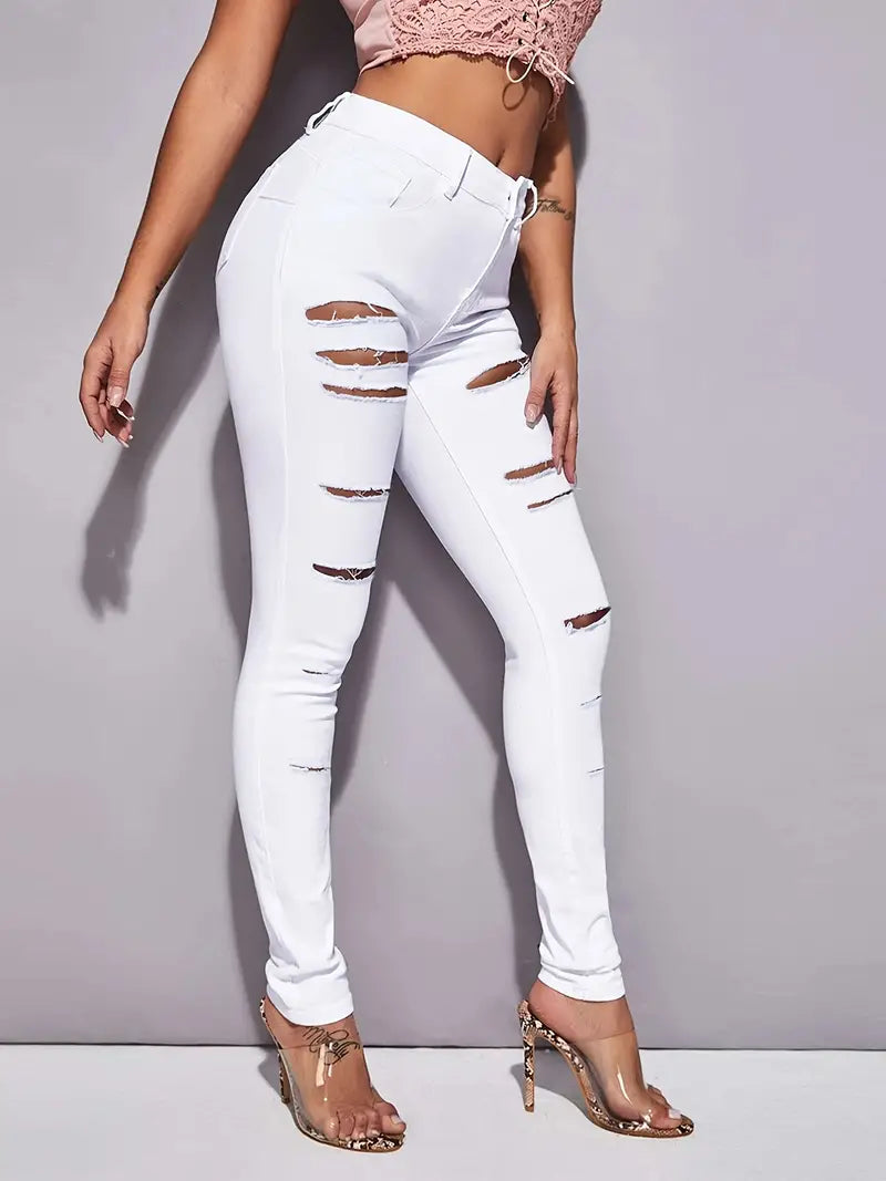 High Rise Ripped Long Skinny Jeans, High Waist Distressed White Denim Pants