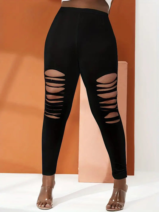 Plus Size Solid Cut Out High Rise Skinny Leggings