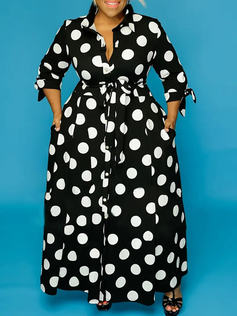 Plus Size Elegant Dress, Women's Plus Polka Dots Print Button Up Collared Belted Maxi Dress