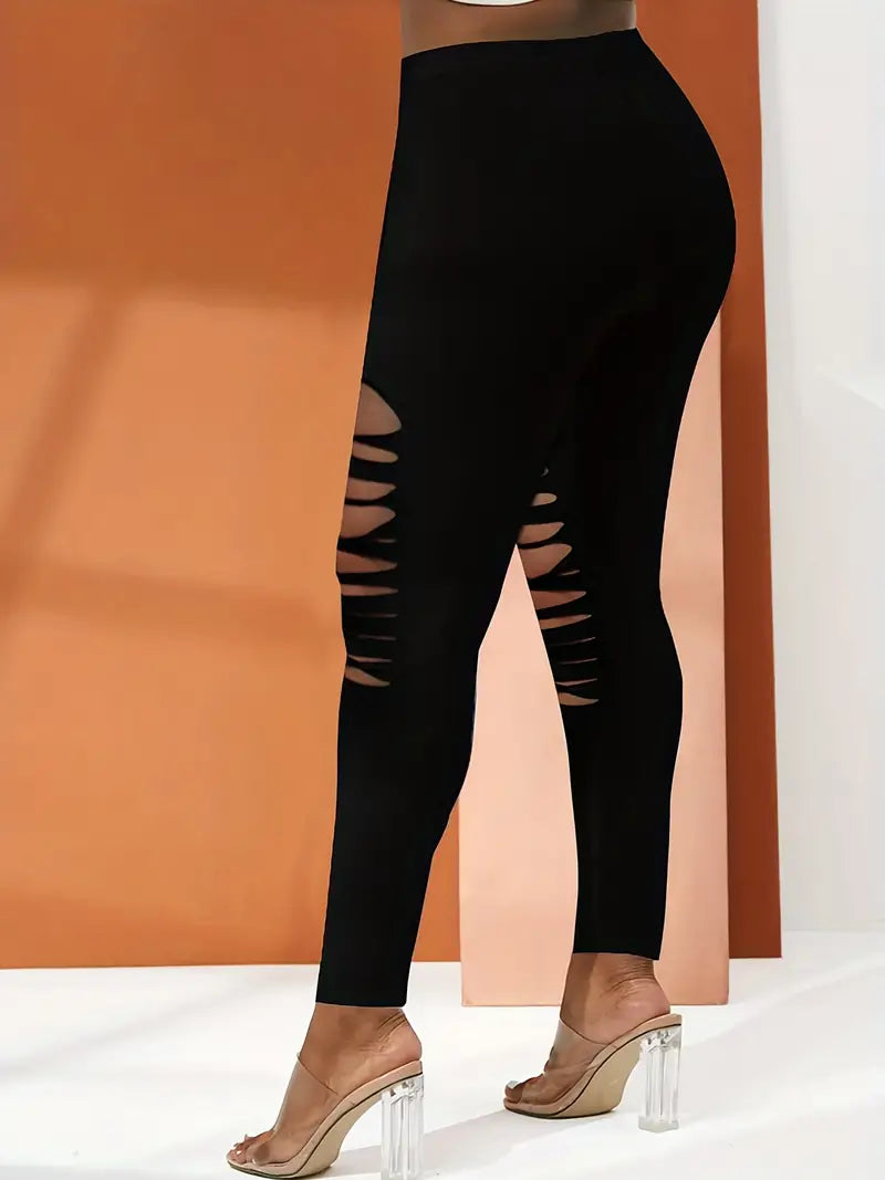 Plus Size Solid Cut Out High Rise Skinny Leggings