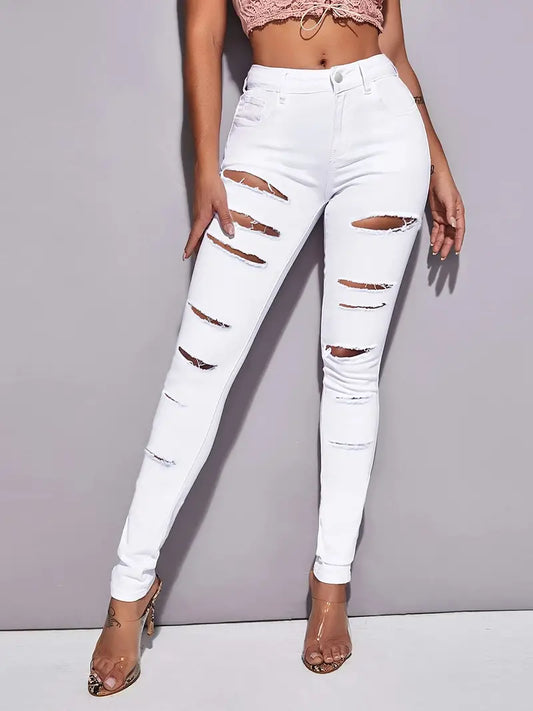 High Rise Ripped Long Skinny Jeans, High Waist Distressed White Denim Pants