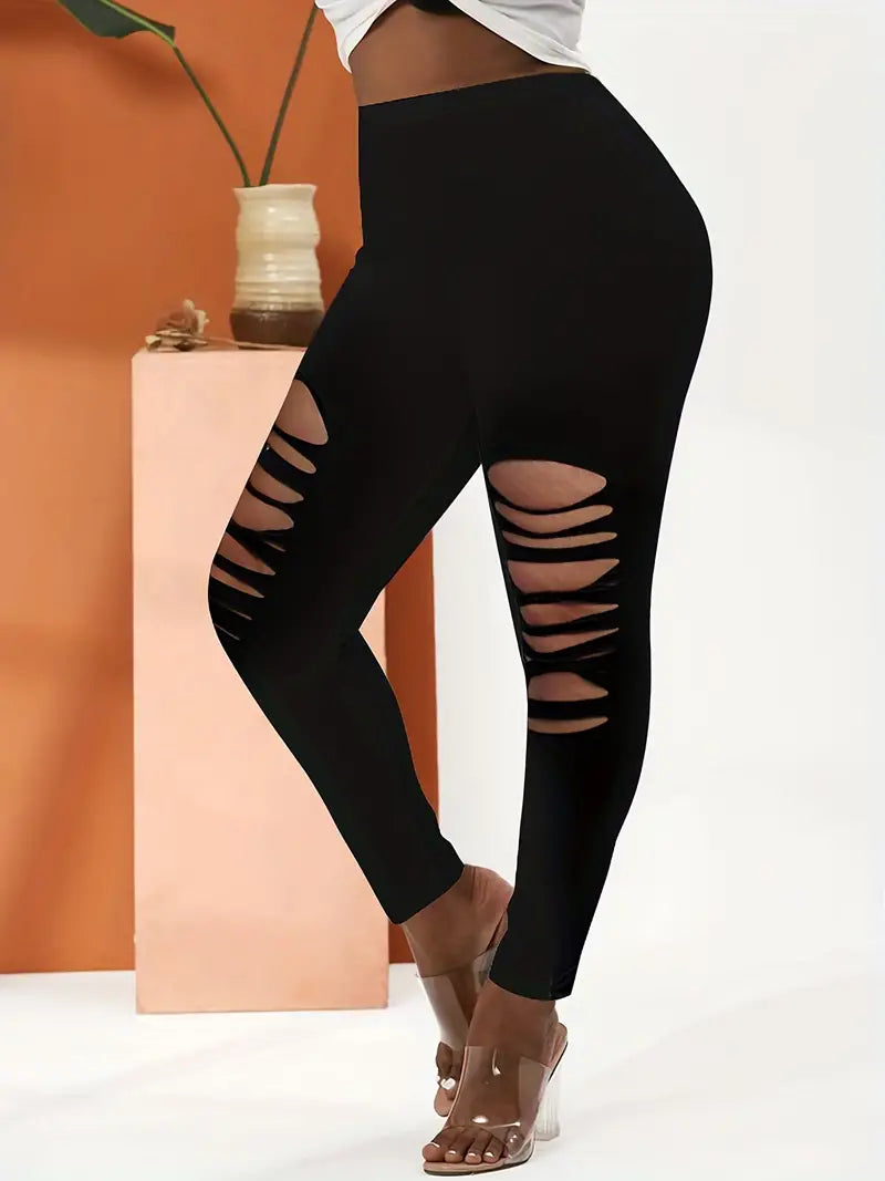 Plus Size Solid Cut Out High Rise Skinny Leggings