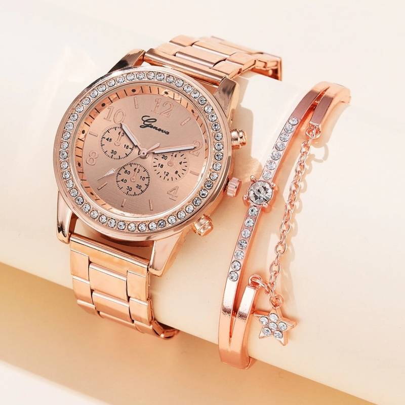 Rose Gold Rhinestone Watch and Bracelet Set