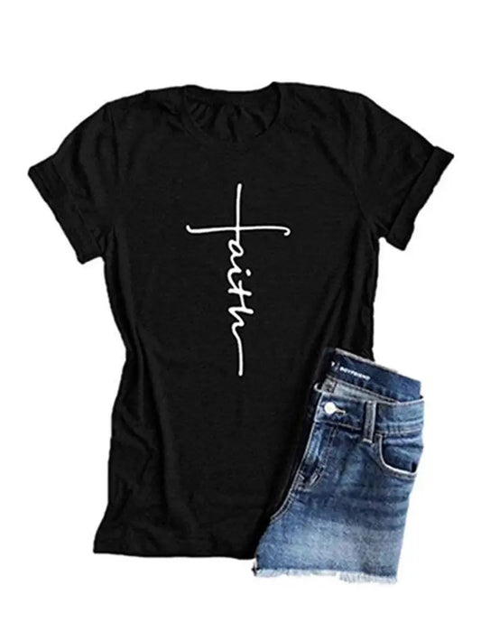 Faith Print V-Neck T-Shirt, Casual Every Day Short Sleeve T-Shirt