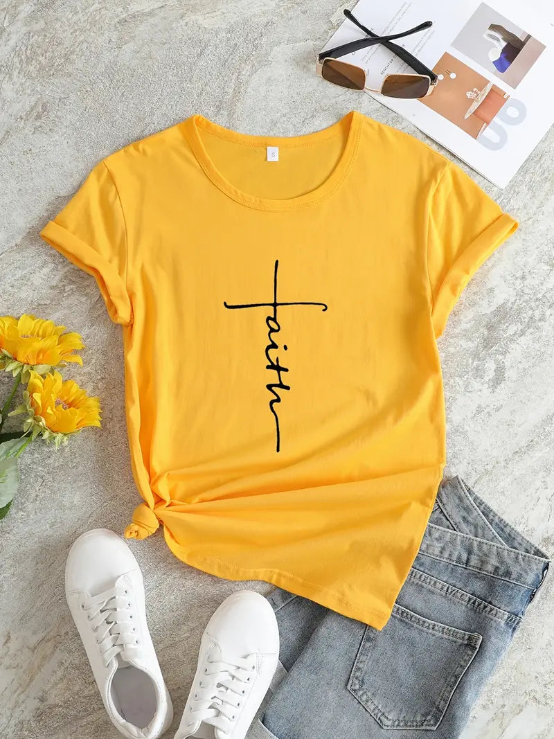 Faith Print V-Neck T-Shirt, Casual Every Day Short Sleeve T-Shirt