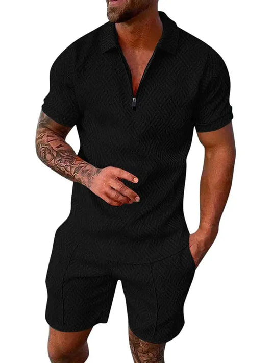 Men's Sweatsuits With V-neck Zipper T-shirt & Shorts